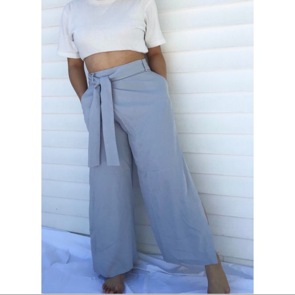 OAK + FORT Blue Leg Slit Front Tie Wide Pants - Picture 2 of 4